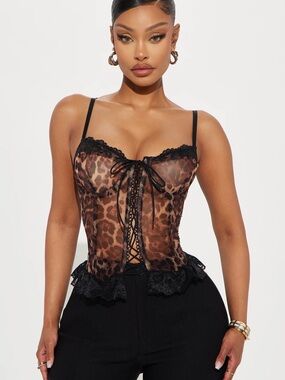 Fashion Nova Leopard Lace Trim Bustier Top - Brown & Black